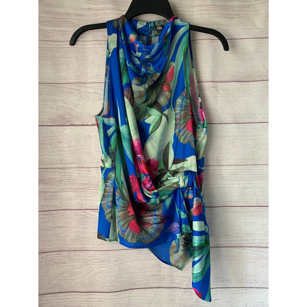 Zara Satin Effect Tropical Floral Sleeveless Blouse Draped Neckline Size S